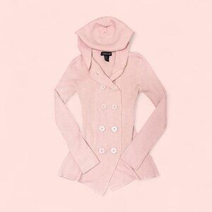 Coquette pink button-up hooded long sleeve top